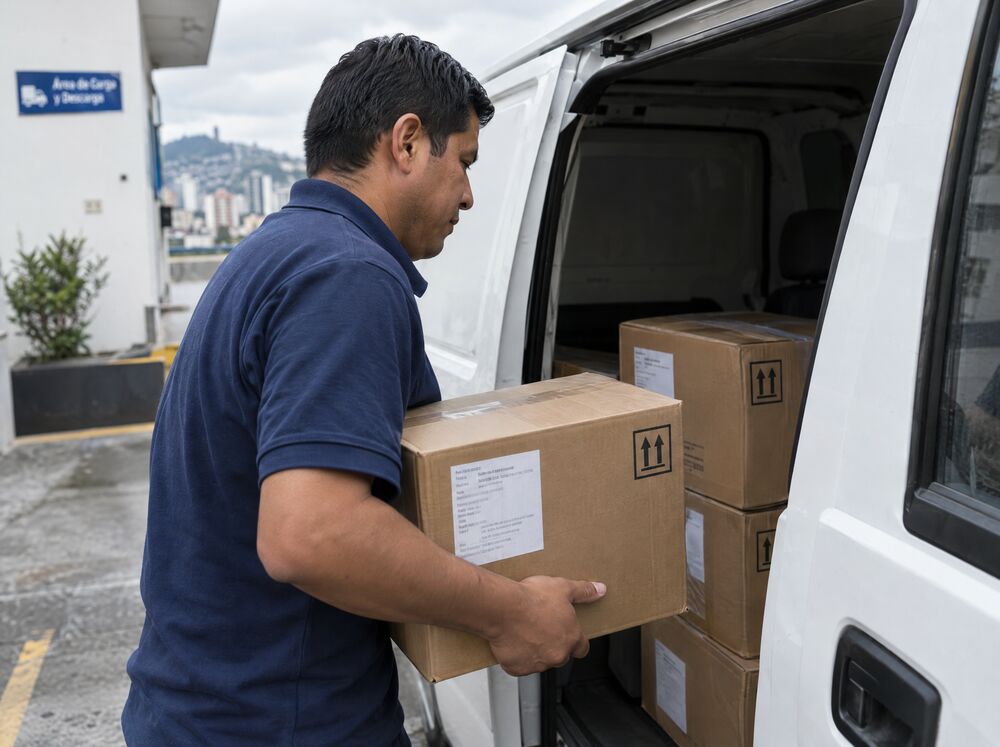 Loading boxes of medical supplies into the van for a delivery in Quito