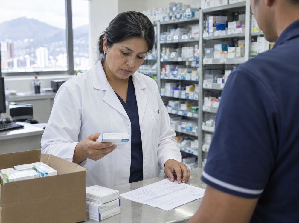 Hospital pharmacist checking a medicine delivery against the invoice