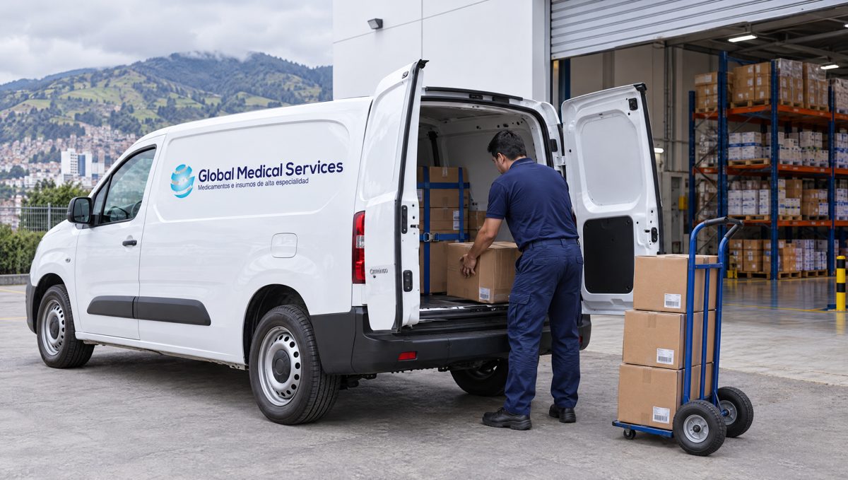 Worker loading boxes of medicines into the Global Medical Services van outside a licensed warehouse in Quito