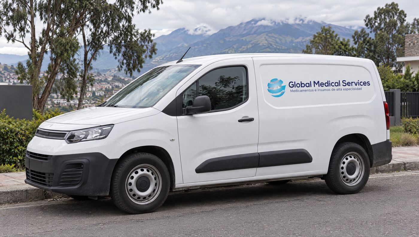 Global Medical Services white cargo van parked in Cumbayá, with the mountains of Quito behind